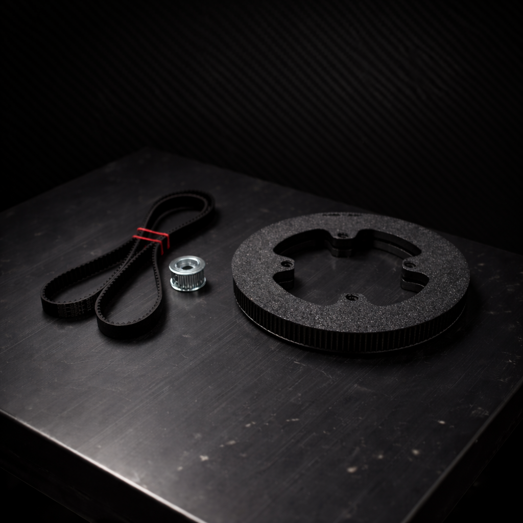 Black mxmods belt and pulley system on a dark surface